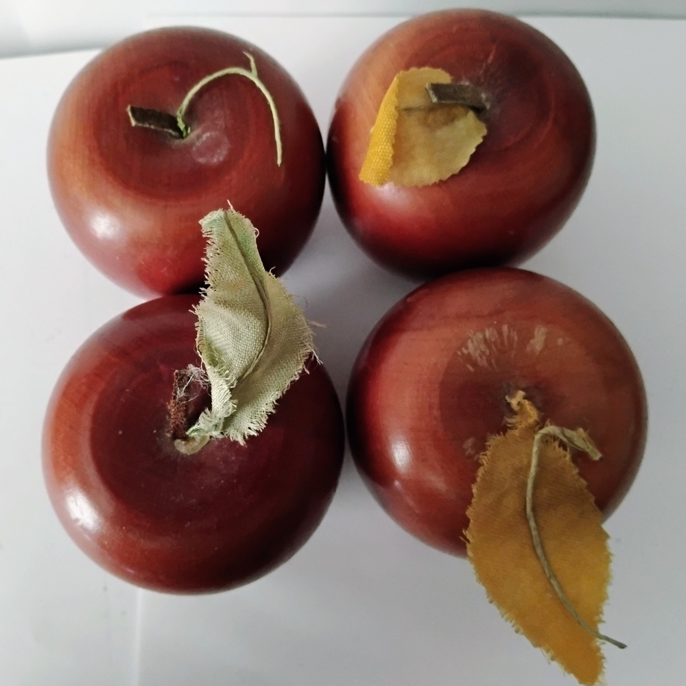 Vintage 70s Wood Decorative Apples Leather Stems MCM Cottagecore Farmhouse